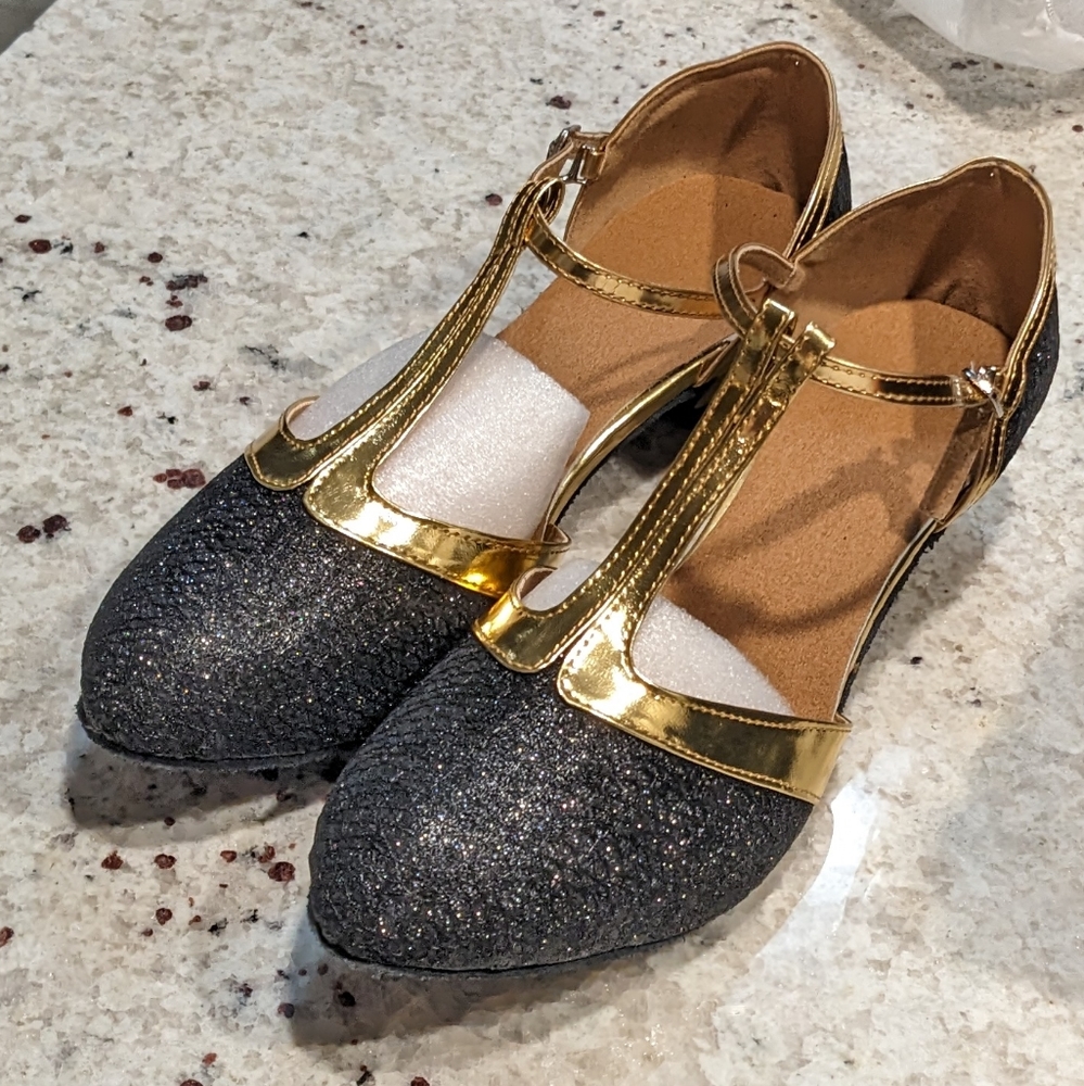 Dance and sway t strap ballroom dance shoes, black and gold